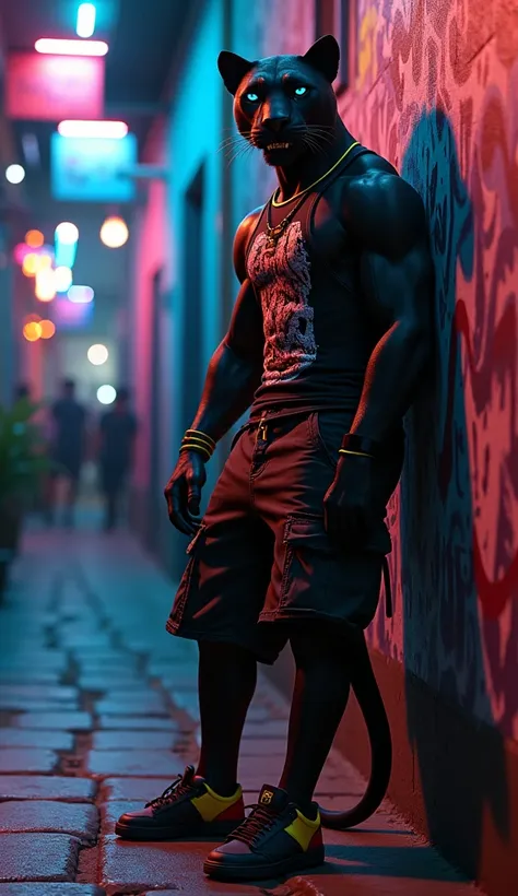 "Anthropomorphic panther male, muscular and adult, with sleek black fur and electric blue eyes. He’s wearing a tight, graffiti-inspired tank top, cargo shorts, and flashy sneakers, with chains and a gold grill on his teeth. The panther is confidently leani...