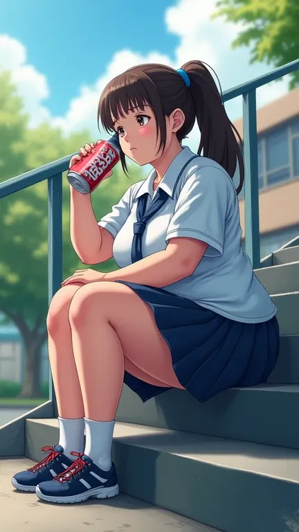 From the side. Fat girl at school is sitting on the stairs. She looks unhappy . She has a cola in her hand she wears high resolution,  she wears a school uniform. She is fat and big