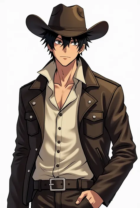  white background ,  male character,  serious expression, dark brown with dark brown hair ,  dark brown eyes ,  oversized cream shirt and leather jacket with cowboy hat,  full body .  Draw it in style Manhwa Full Volume 