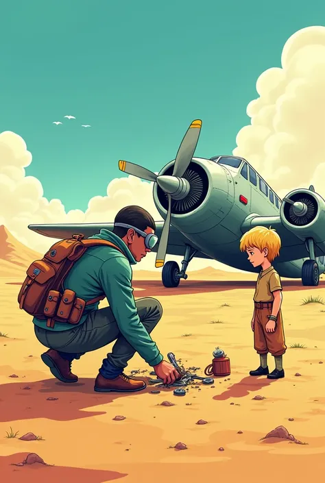 create me a pilot fixing a plane in a desert and a little princ in the distance and it looks like a comic  picture