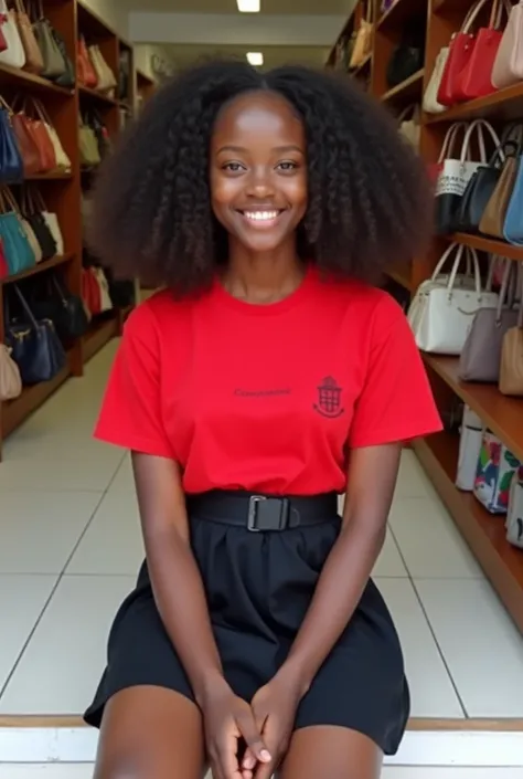 A ugandan black teenager girl named nabatanzi Lillian, dark brown skin, she is tall wearing a Manchester viewer red tshirt, she is wearing a black short skirt and she is sitted out on white tiles in a shop selling handbags. She is smiling