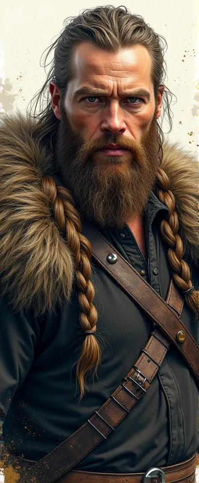 "( This work is )  masterpiece in plan  (Great) quality.   It depicts a naturalistic Viking character  .  He is a graph  , king,   retinue leader  ,   Drakkar captain  .   A strong-willed middle-aged man with a light brown beard and loose with hair, ,  bra...