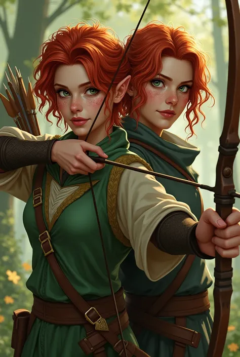 An attractive Fae woman,  25 years, Redhead, with freckles, short, shoulder-length hair in a rowdy state,  green eyes, dressed as an archer ,  athletic and slim build , With his bow and arrow,  with his twin brother ,  25 years,  An attractive man has , re...