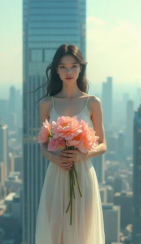 a girl with flowers in her hands standing on the roof of a skyscraper looking straight ahead.