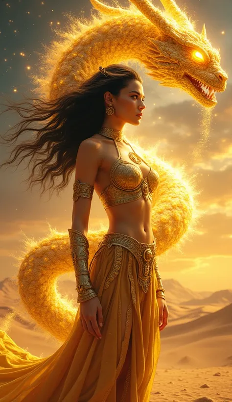 A stunning woman with jet-black hair and radiant golden eyes stands in a vast desert under a sky filled with swirling, cosmic energy. Her skin glows with a warm, golden hue, as if she is attuned to the sun itself. She wears a regal, golden armor adorned wi...