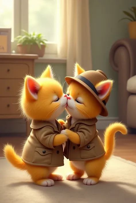 Make a little yellow kitten dressed as a detective kissing his wife