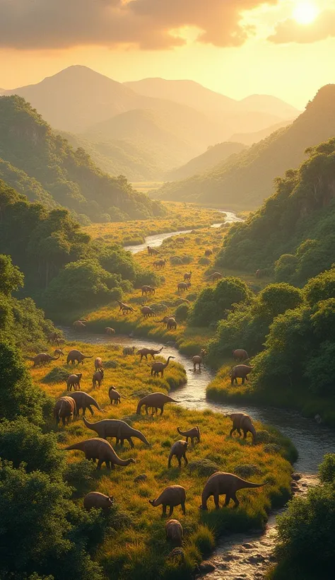 "A detailed, ultra-realistic 5D image of a warm prehistoric Earth. The scene shows a vast savanna with gentle rolling hills, scattered rivers, and dense forests. Dinosaurs of various species, including herbivores and small mammals, roam freely. The lightin...