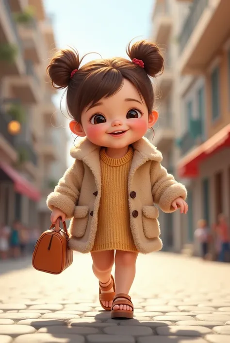 Create a 2D hyper-realistic or semi-realistic digital illustration of a  baby walking outdoors on a beautiful city street. full body, HD quality, toddler a little far from the camera so as to give him room to walk. Happy and chubby toddler walking confiden...