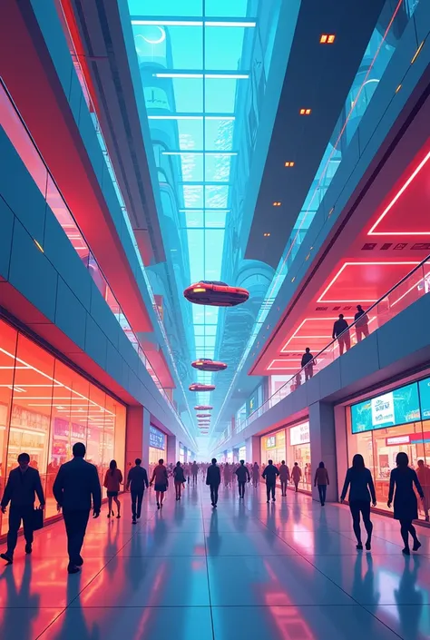 Vector style shopping mall mural, futuristic shopping theme