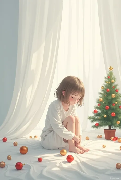 Girl sitting on a white sheet with a white curtain in the background ,  a small Christmas tree and ten red and gold Christmas balls scattered on the floor.