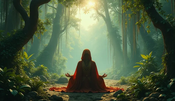 (((Panoramic image))), Raja Sayyida Raja Sayyida, full body, meditating in a rainforest