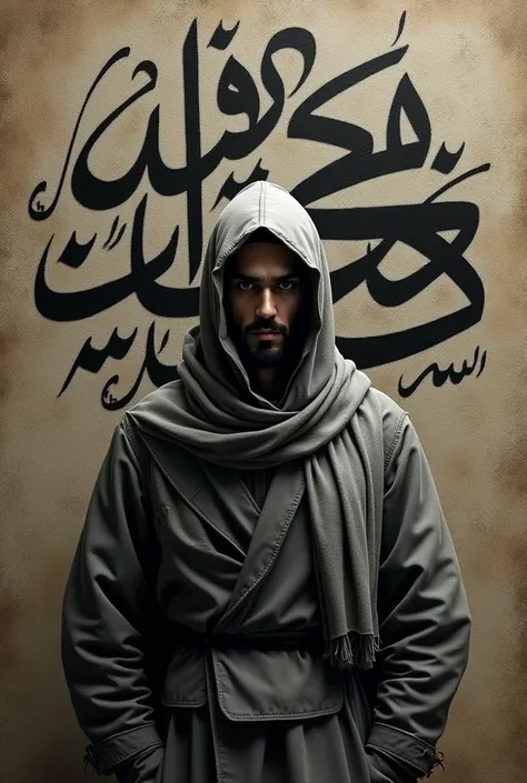 A person wearing a jacket and keffiyeh with the words “لاإله إلا الله” written behind him with black woolpaper