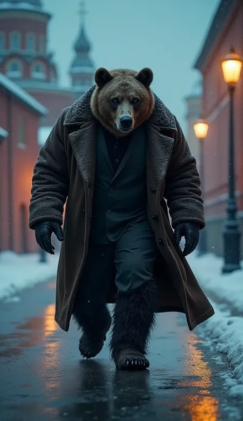 Russian Bear Mafia: The bear walks through Red Square at night, his trench coat billowing as snow falls lightly, heading into a secret meeting in a shadowy Kremlin corridor.