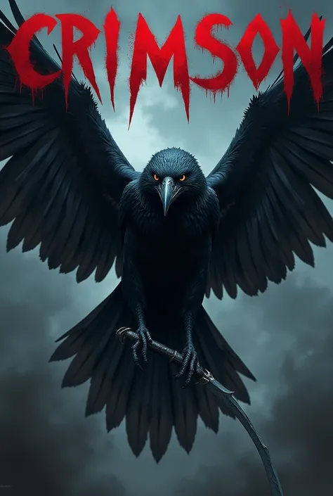 DARK RED RAVEN FLYING HOLDING SWORDS ON BOTH LEGS WITH WORD CRIMSON ABOVE IT