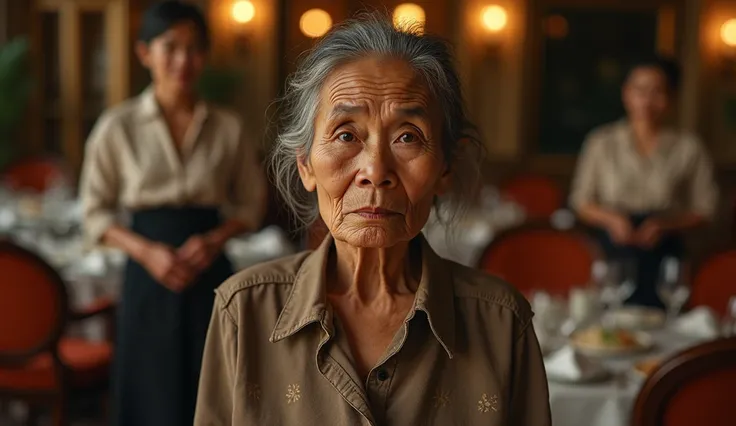 An elderly Vietnamese woman dressed in torn and humble clothing enters a luxurious 5-star restaurant in Vietnam. She is the central figure, depicted large, clear, and sharply focused in the foreground. The staff members in the background show disdainful ex...