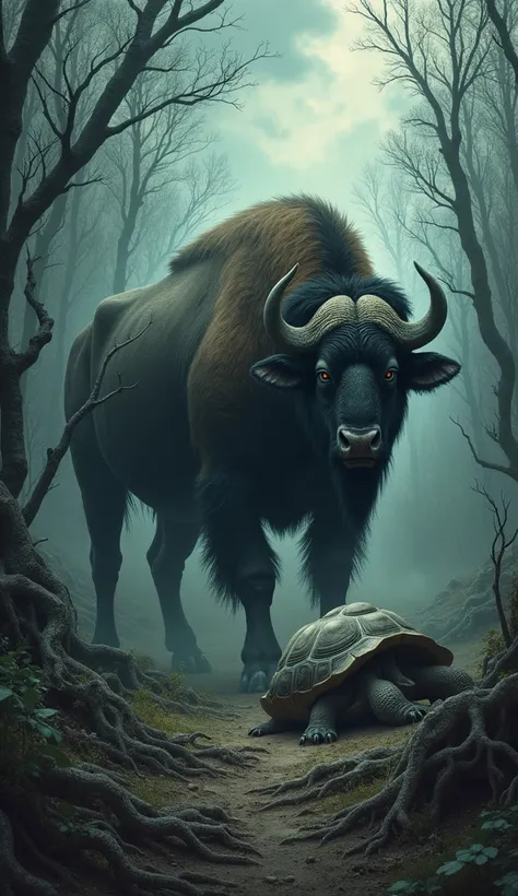 Prompt:
“A terrifying buffalo and a fearsome turtle standing side by side in a dark, desolate environment. The buffalo, with its massive, muscular body and sharp, piercing eyes, stands in the middle of a dense, eerie forest, its breath heavy and ominous as...