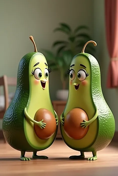 An avocado, realistic but animated , with eyelashes and mouth talking to another avocado just like in a room 