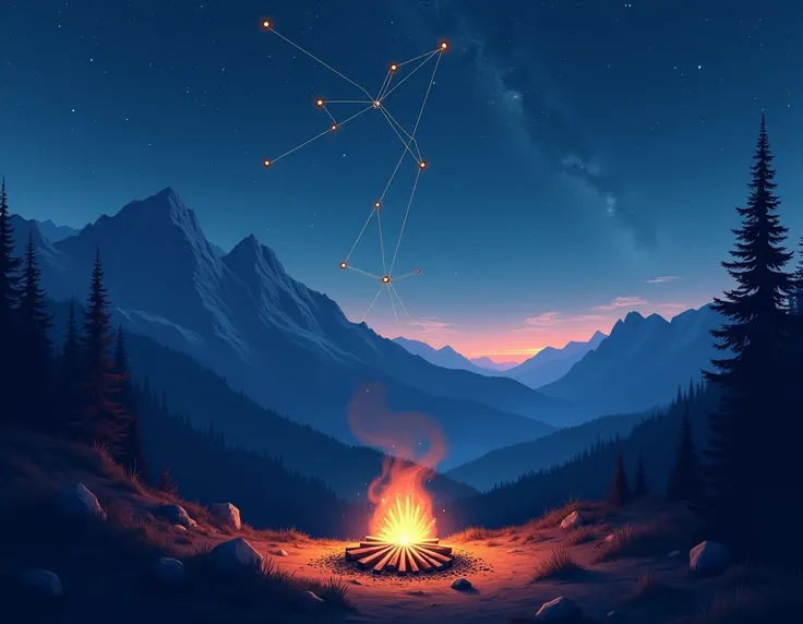 mountains, the constellation of the big Dipper with the contours of a bear starry sky Milky Way, bonfire, sparks fly into the sky pastel gouache