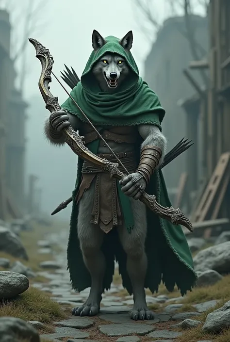  medieval post-apocalyptic gray wolf with green hood, bow and arrow, RPG video game , anthropomorphic wolf animal 