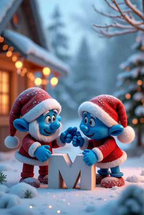 Two Christmas Smurfs that write the name Miriam in 3D