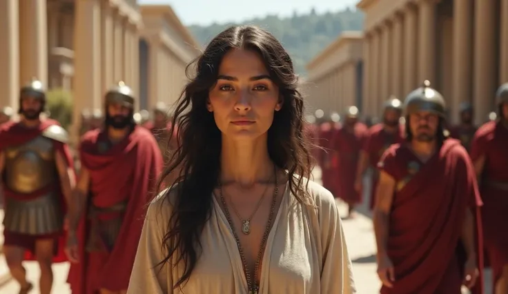 A young Roman woman with a serene expression ,  wavy dark hair, dressed in a simple tunic,  walking in an ancient city with temples and columns ,  while in the background Roman soldiers patrol and suspicious eyes fall on her,  representing an atmosphere of...