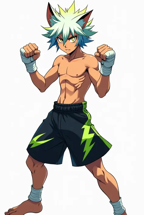 Create Character illustration of Tetsuya Imai, a 17-year-old Muay Thai fighter, in dynamic anime Blue Lock-style, on a plain white background. Tetsuya has a lean and muscular physique, with slightly tanned skin and sharp facial features. His hair is short,...