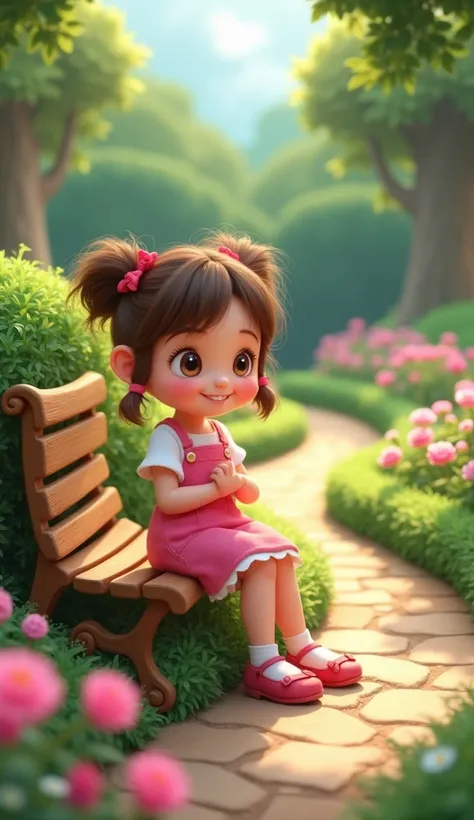 A cute cartoon girl, sitting on bench,waiting for some one, looking at his wrist watch, garden ,Hyperdetailed, 