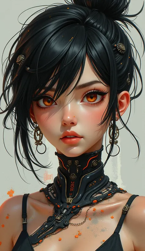 Woman in the style of light gray and orange, cyberpunk manga, loose handling of paint, xbox 360 graphics, mechanical designs, close up, charming characters 