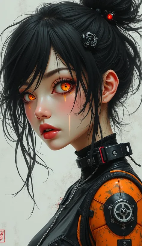 Woman in the style of light gray and orange, cyberpunk manga, loose handling of paint, xbox 360 graphics, mechanical designs, close up, charming characters 