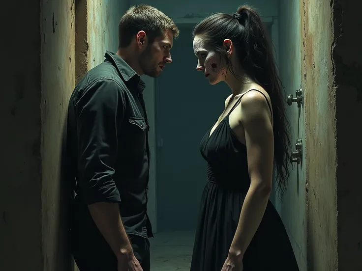  The picture shows Jason and faith .  they stand in the lock and approach each other . Faith is ugly ,  has pale and sagging limbs and she is wearing a dark dress. 