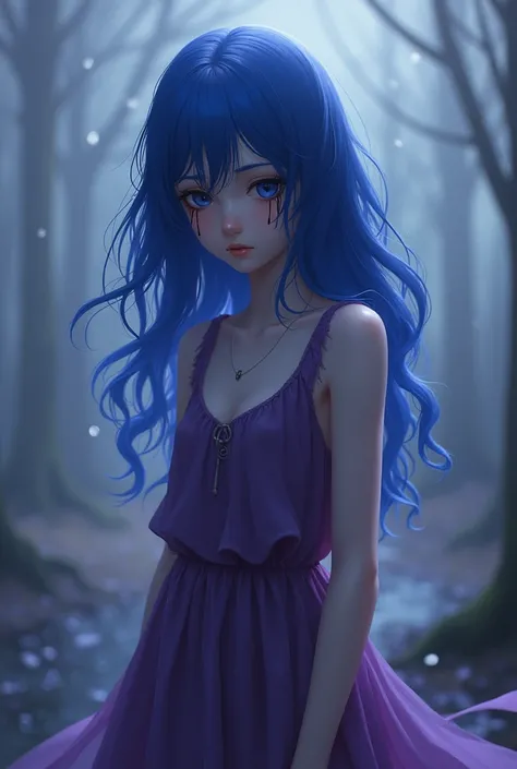 Draw a blue-haired girl with black tears in a purple dress