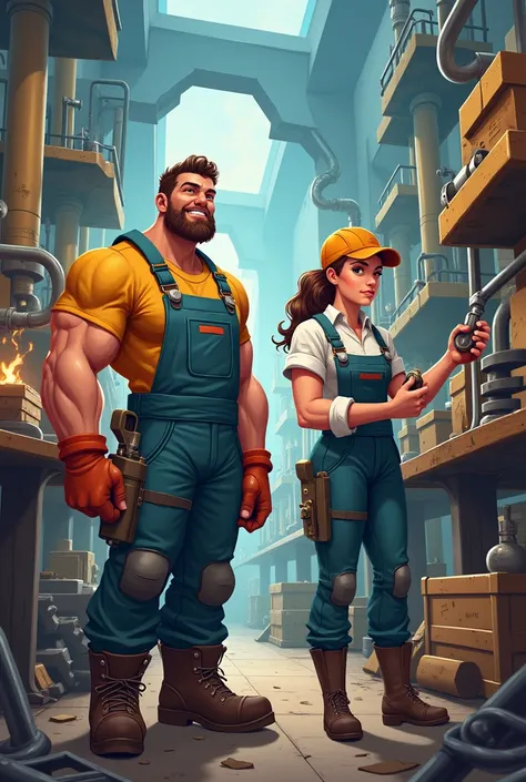 Male and female industrial workers in cartoon 