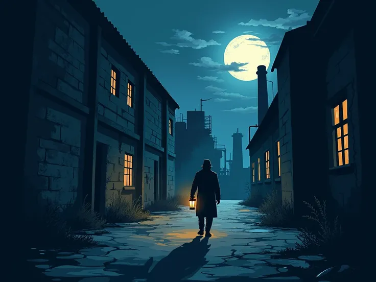 Create an SVG illustration that captures the eerie atmosphere of an abandoned factory at night. The scene should feature a dilapidated, old factory with broken windows and long, ominous shadows cast by the dim moonlight. In the foreground, include a solita...