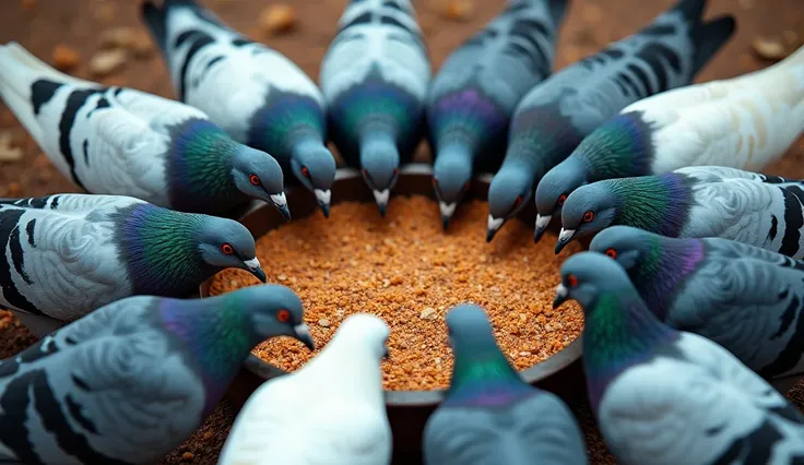 Ten pairs of pigeons of different colors are eating food from a bowl arranged in a circular formation. The photo is taken from above.