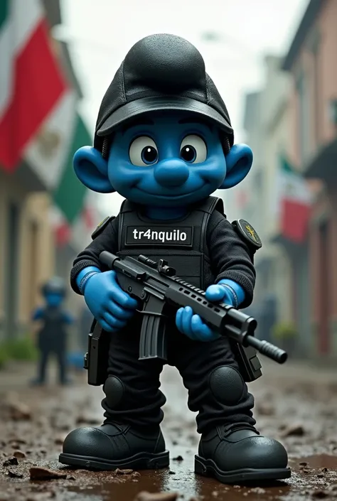 A smurf, resistance position ,  Dressed in black, bulletproof tactile vest ,  in the middle of the bulletproof vest a patch with the word TR4NQUILO, black cap,  pointing a gun , flag of Mexico. 