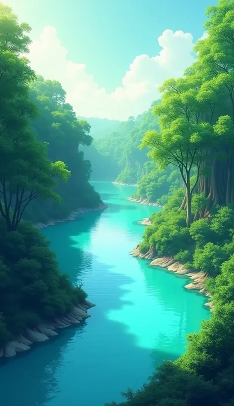 Create me an image of a cyan colored river. There will have green trees beside the river and cloud will be visualized. Image should be taken flat top to bottom views.