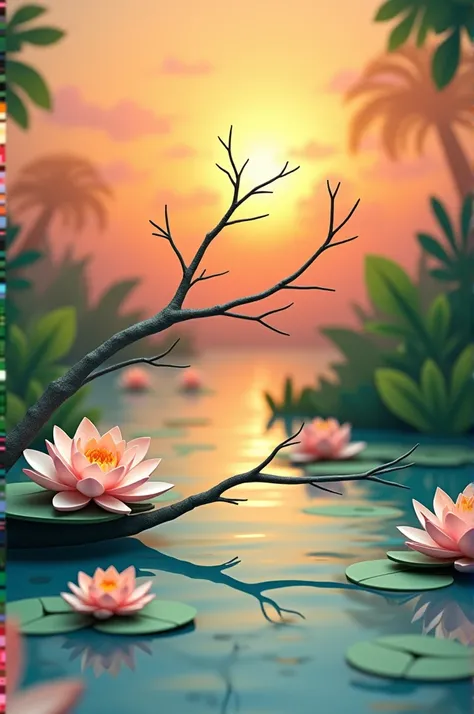 Branch in the water with water lilies at sunset with the cut-out paper art technique consisting of layers of colored cardboard.