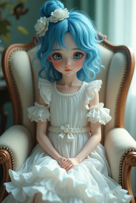 a girl with blue curly hair in a bun and a white dress with ruffles sits on an armchair 