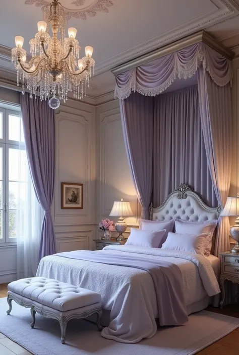 Design: A serene and elegant room with soft silver and lavender tones.

Features: A large canopy bed with intricate lace curtains, a personal library corner filled with ancient books, and an observatory with a view of the stars. A delicate chandelier made ...