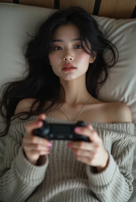 ((best quality)), ((masterpiece)), (detailed), super real, 1girl, off-shoulder sweater, bare legs, Pretty Asian girls, white fair skin, she She is lying down playing games with bikini, 
