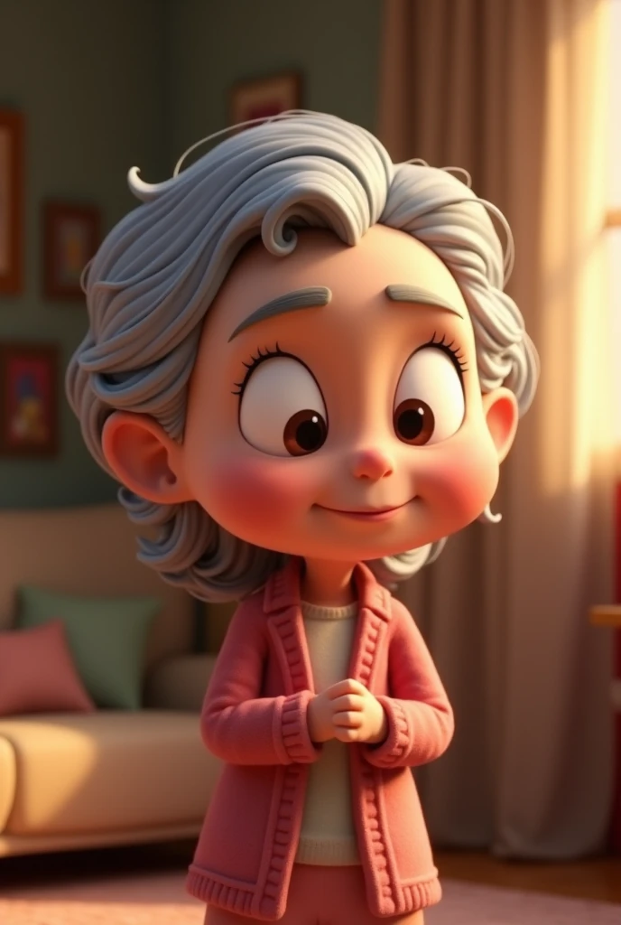 Generate image in cinematic 3d cartoon style 
The grandmother, shy and blushing, responds softly with a smile, “Mummy didn’t let me go