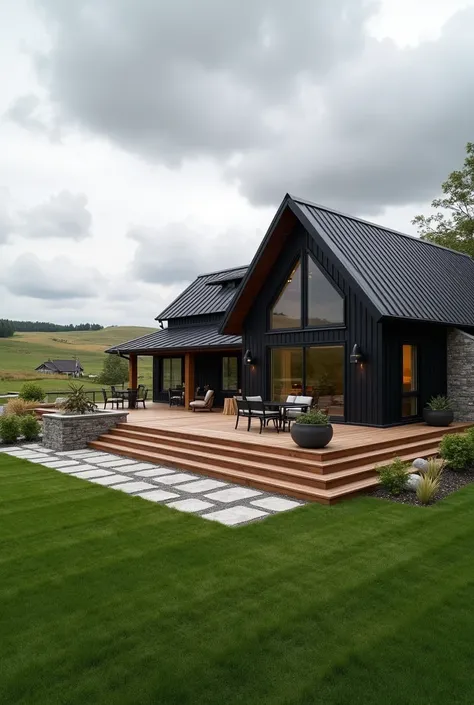 Create a realistic, modern farmhouse situated in a vast, open countryside landscape under a cloudy sky. The house has a mix of rustic and contemporary architecture, featuring a black metal gabled roof and wooden accents. A large wooden deck wraps around th...