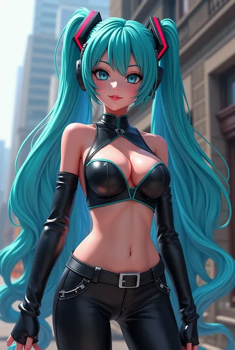 Theres a girl in a leather suit posing., Anime Girl Cosplay, anime girl in real life, mikudayo, Dragon Ball GT bra , Cosplay of Hatsune Miku, realistic anime 3D style, Anime cosplay, inspired by anime,  anime style . 8K, anime badass 8K, Anime girl with bl...