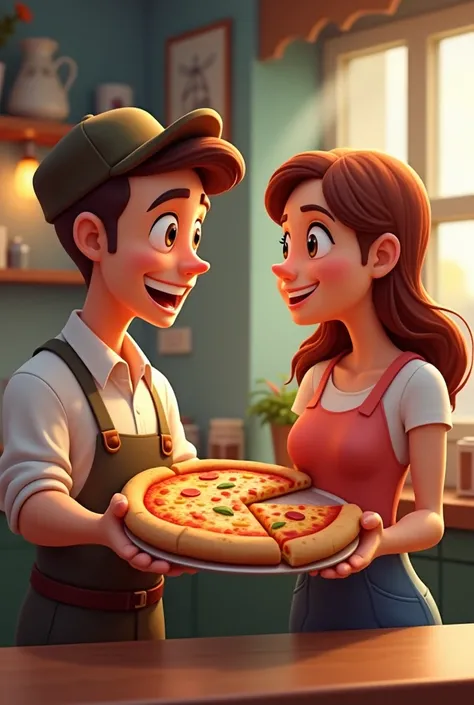 : A smiling waiter holding a pizza, asking a young woman whether she wants the pizza cut into 4 or 8 slices, the woman listening attentively
3D young man cartoon photo 