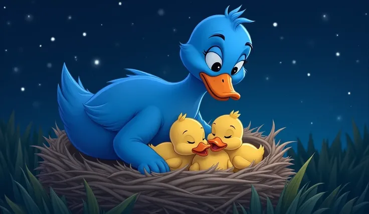 The cartoon image of The blue mother duck is tucking her ducklings into a cozy nest made of soft reeds and feathers. The little ducklings are snuggling together with sleepy smiles, while the mother duck spreads her wings over them protectively. The night s...