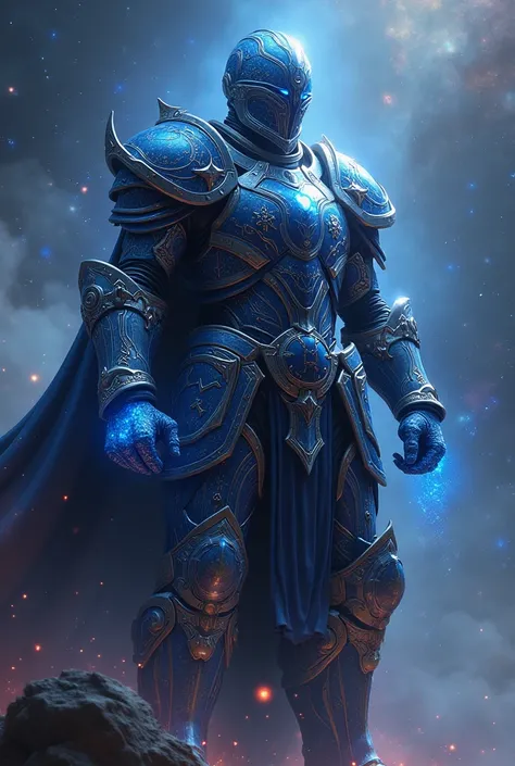 Create a man,  knight in armor , space,  best quality , End of the Universe , warrior, USING MITTENS, Space theme,  space armor ,  constellation armor,  galaxy mittens ,  dark blue mittens ,  capable, warrior de constelação,  constellation theme , RPG boss...