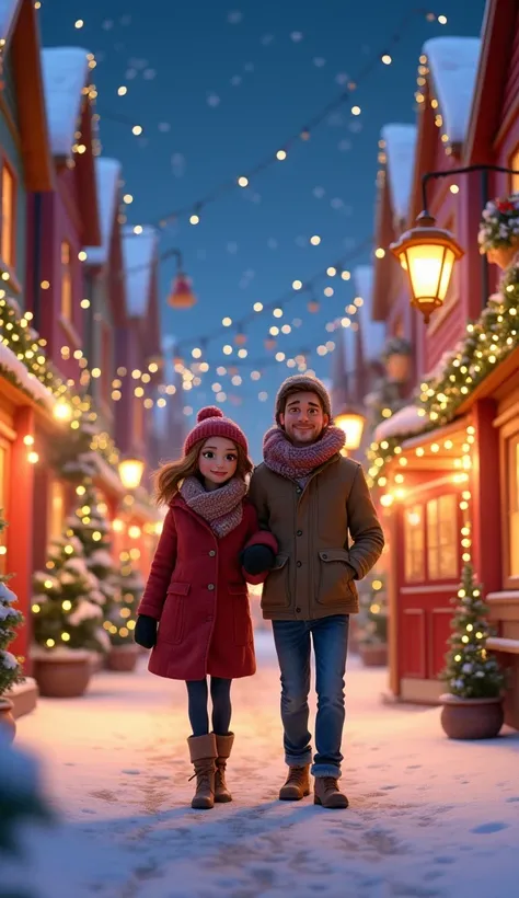 A couple in a chrismast street, Pixar style
