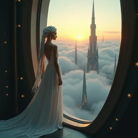 loneliness, the princess from the future ( long eyelashes , white hair is braided in numerous braids,  There are long earrings ) white dress contest,  long dress , stands by the window, full wall window, close-up, window in the tallest tower,  behind her v...