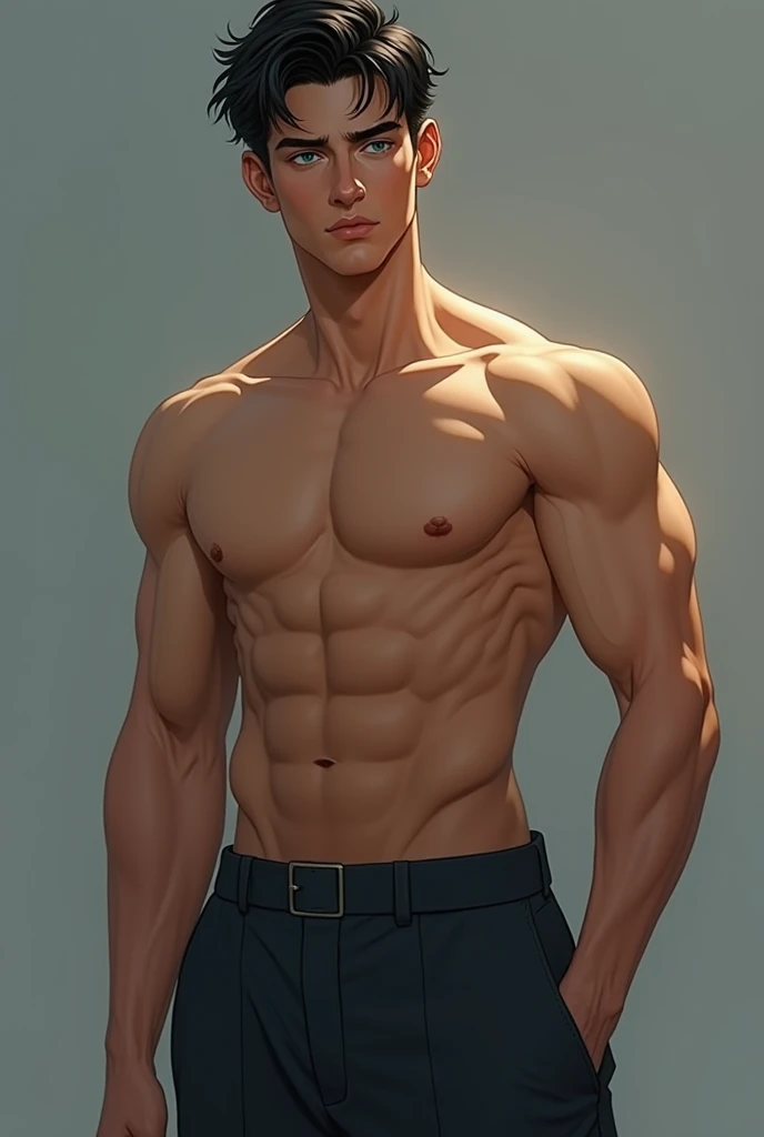  Tall young man ,  with wide shoulders , and with a press on the belly . Short dark hair .  Small and small eyes of light blue color.  European with Asian roots .  Clothing style aesthetic .