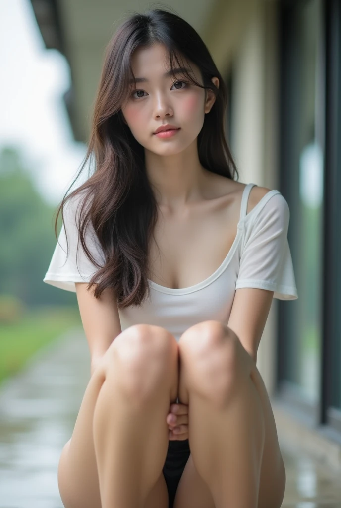   A beautiful young woman is sitting with her legs wide open. Facing the camera next to the building , Wet T-shirt, style of guo hua,  transparent body, beautiful female white,  wearing a sexy cropped top , look, front. look到乳头.look到布料下的生殖器 .Squat to face ...